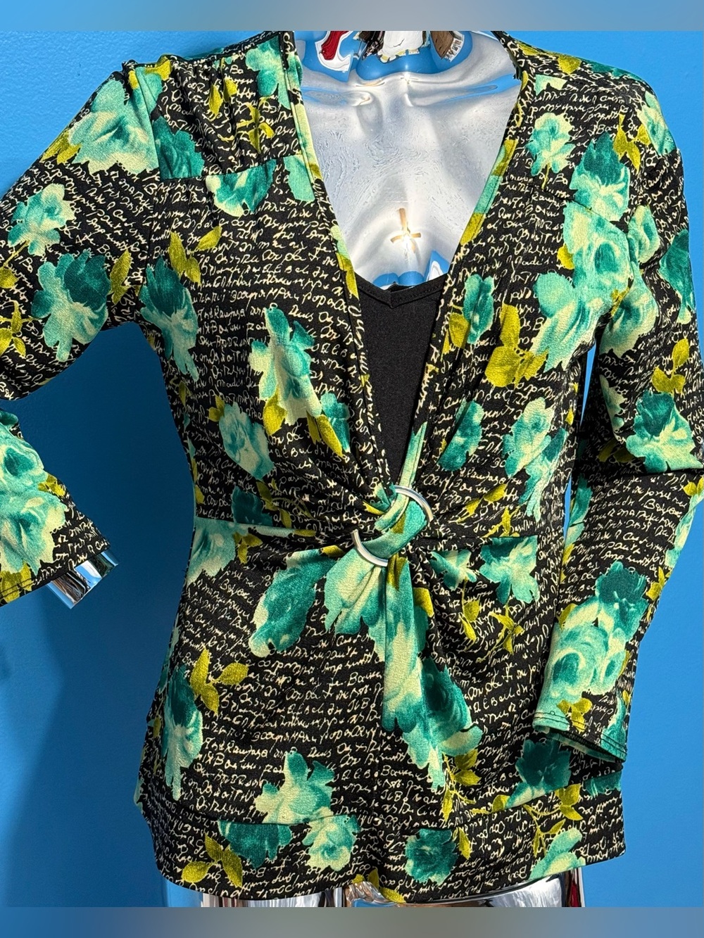 Nataya Black Grafitti Art Knot-Front Blouse with Teal & Green  Floral Accents S